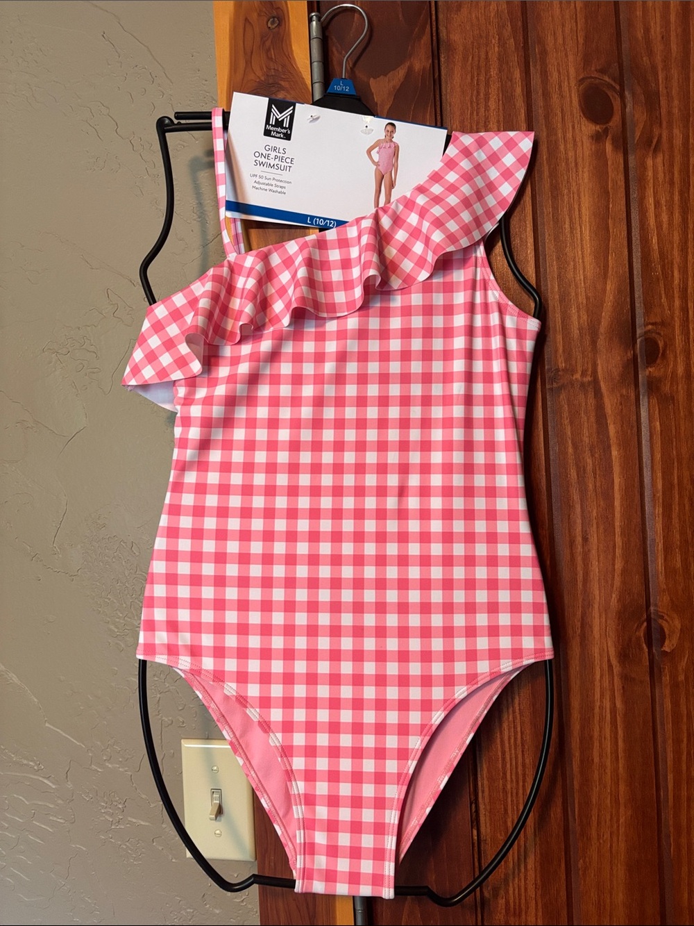 Girls' Pink Gingham One-Shoulder Ruffle One-Piece Swimsuit